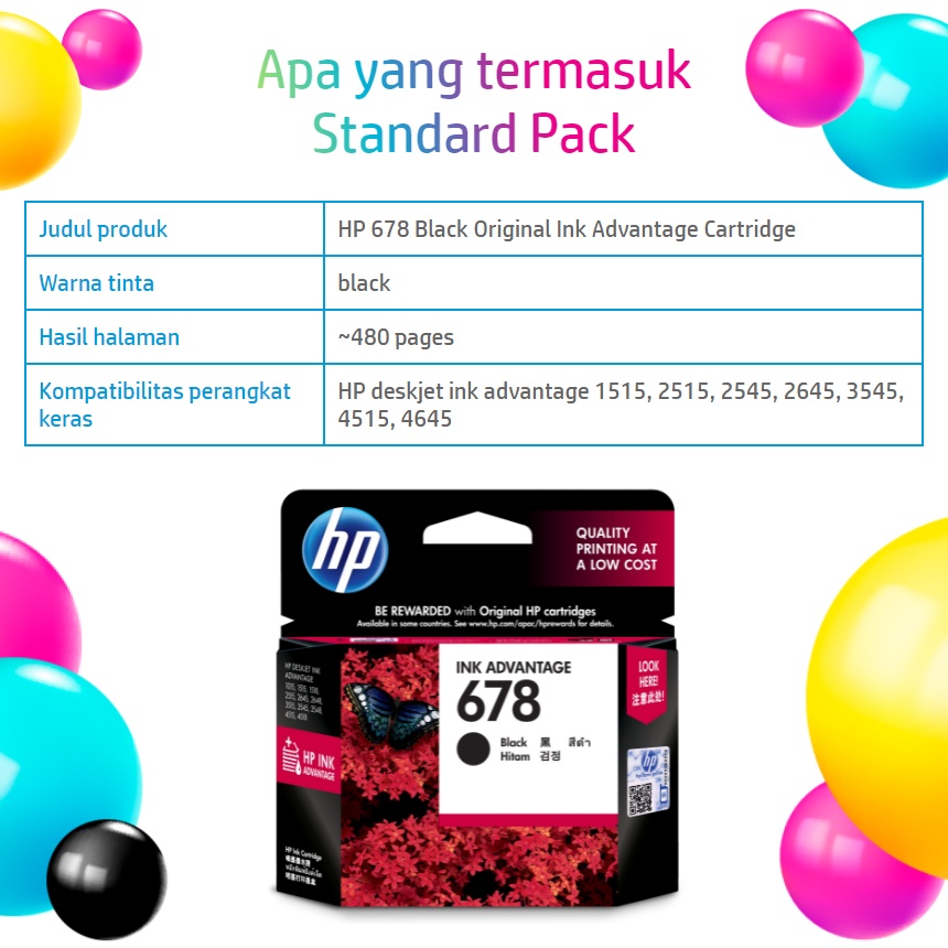 Tinta Printer HP Original 678 Black (CZ107AA)