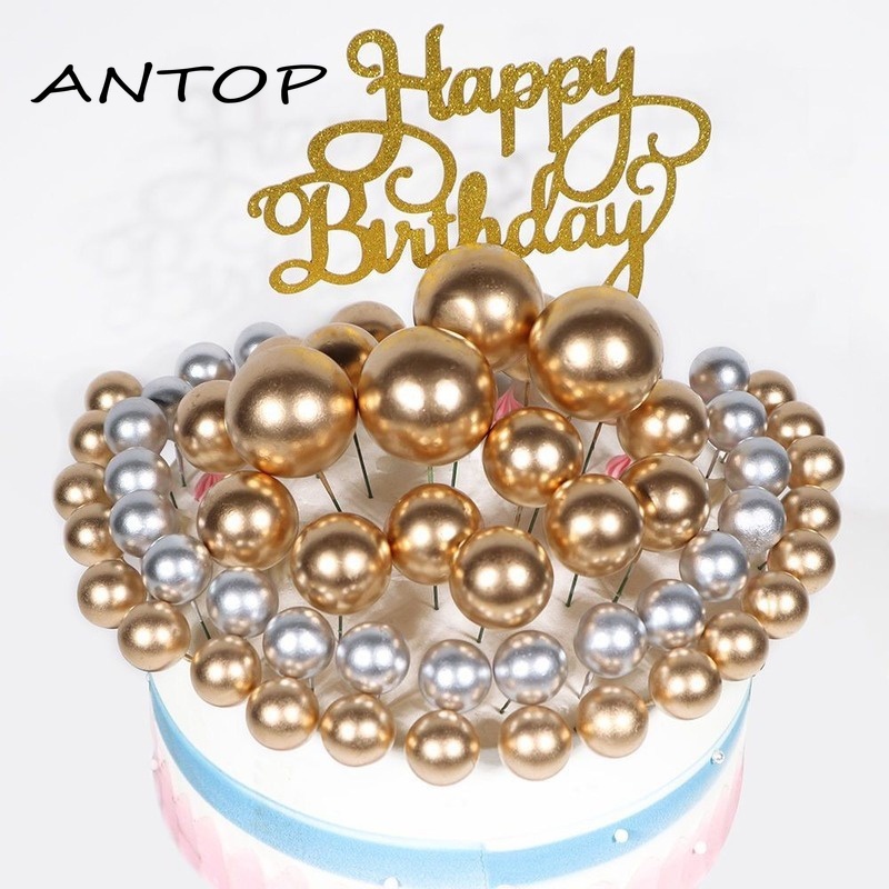 5Pcs Topper Kue Bentuk Bola Warna Emas / Silver Untuk Dekorasi ANTOP