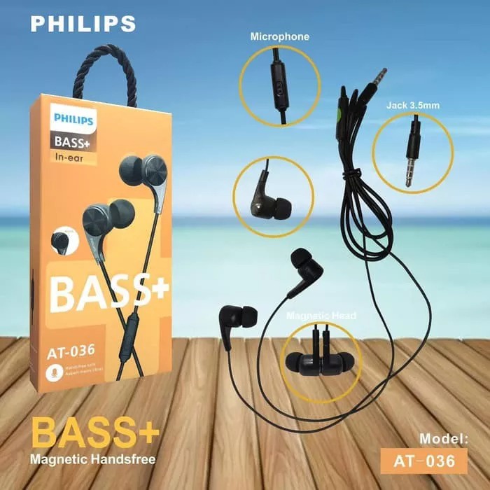 HEADSET / HANDSFREE PHILIPXX AT-036 super bass  + mic bisa buat telefon ya