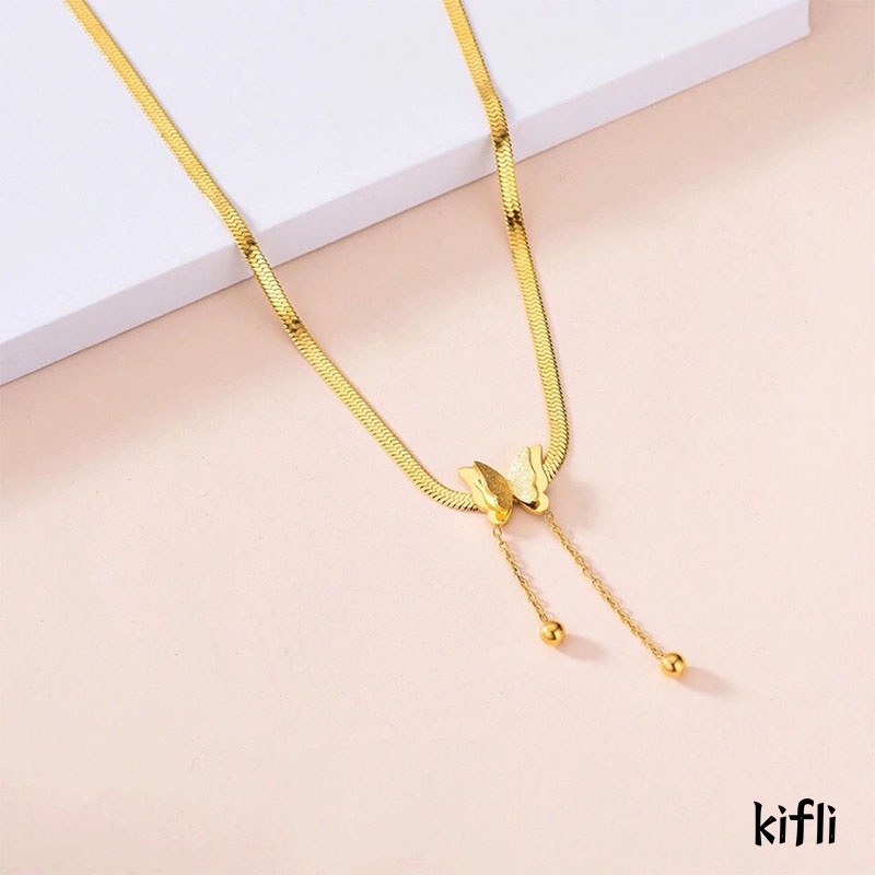 18K,Kalung Titanium Anti Karat,Kupu Rumbai Rantai Tulang Ular,Aksesoris Fashion Wanita