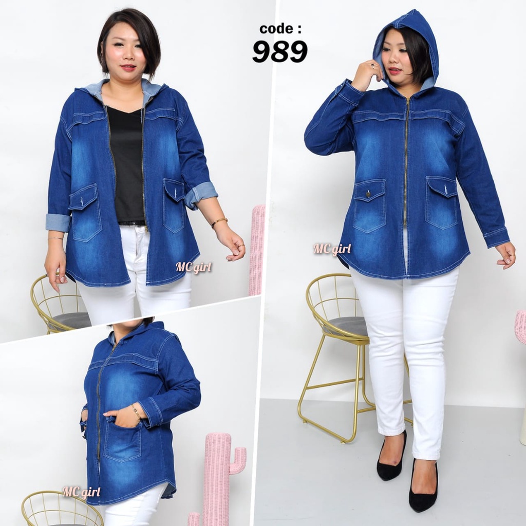 MC girl - Jaket Jeans Resleting Topi Jumbo Wanita / Jas Lepis Sleting Hoodie / Jaket Denim Kupluk Big Size