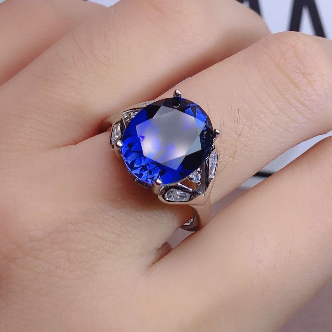 Cincin Pasangan Berlian Platinum Safir Pria Wanita Fashion Kristal Biru Couple Rings-3