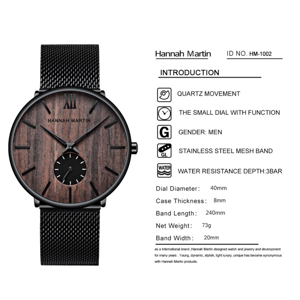 Jam Tangan Pria Kayu Keren Sangat tipis Hannah Martin 100% Original korea fashion Cowok Jam anti air Quartz laki laki Arloji