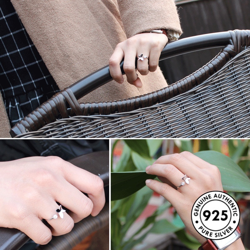 Cincin Desain Kupu-Kupu Aksen Berlian Bahan S925 Silver