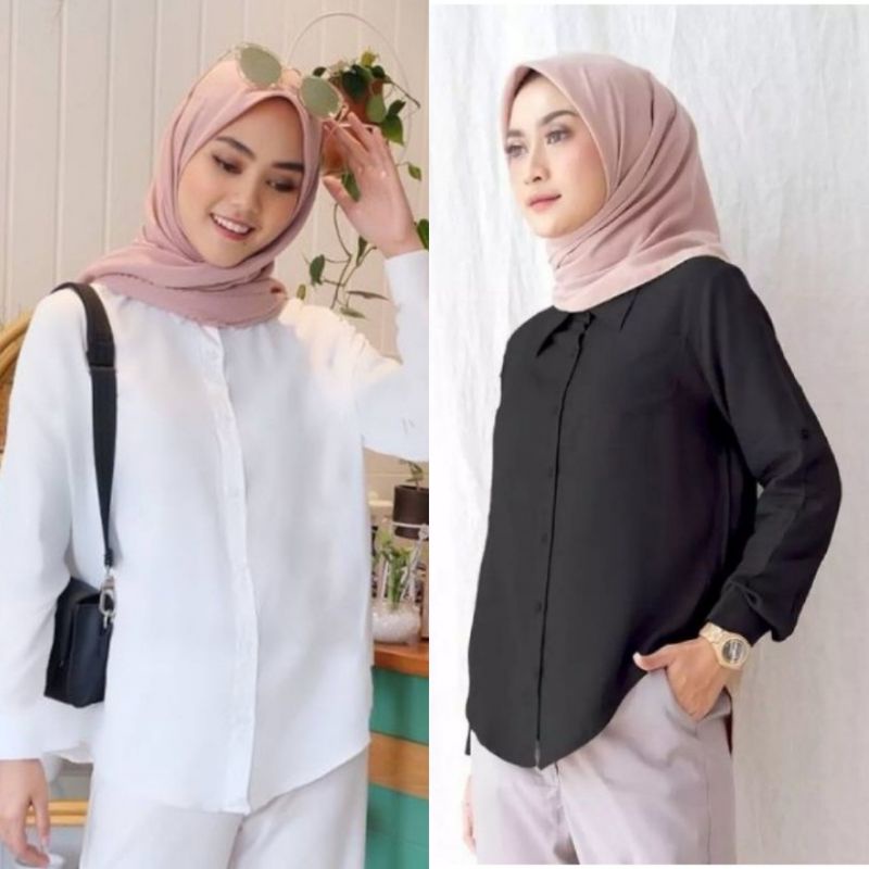 KEMEJA POLOS PUTIH HITAM MOSCREPE // ATASAN WANITA BASIC CASUAL // BAJU FORMAL KANTOR MURAH