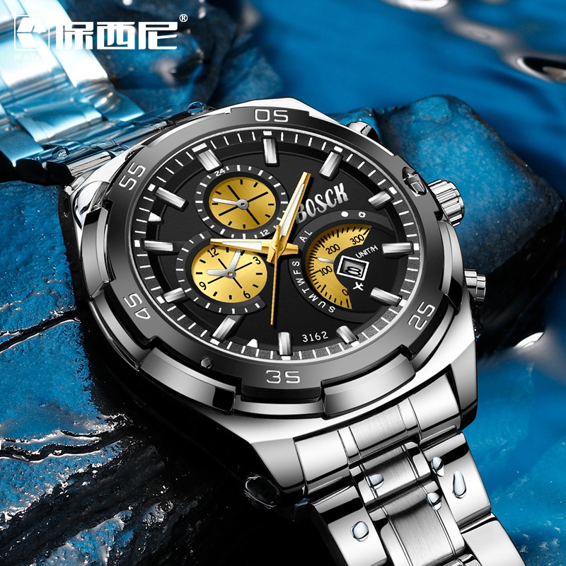 Jam Tangan Pria Rantai Anti Air Original Luxury Stainless Steel BOSCK Terbaru 2025