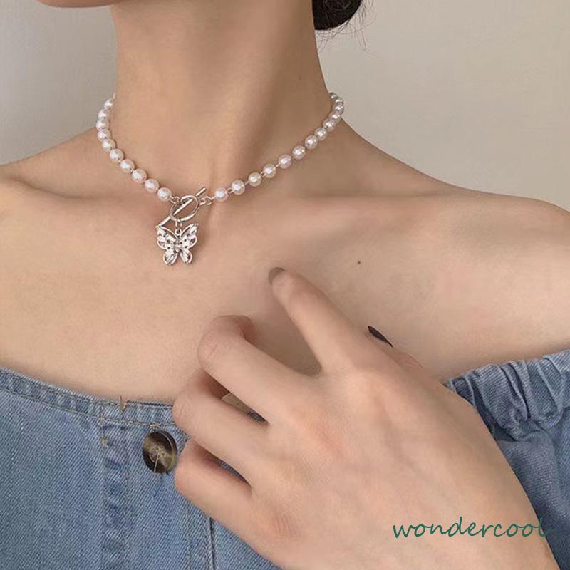 Fashion Mutiara Manik-manik Kalung Elegan Kupu-kupu Liontin Klavikula Kalung Aksesoris Wanita-Won