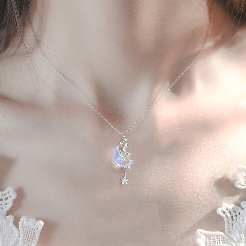 Kalung Rantai Liontin Bulan Bintang Aksen Kristal Warna-Warni Untuk Wanita