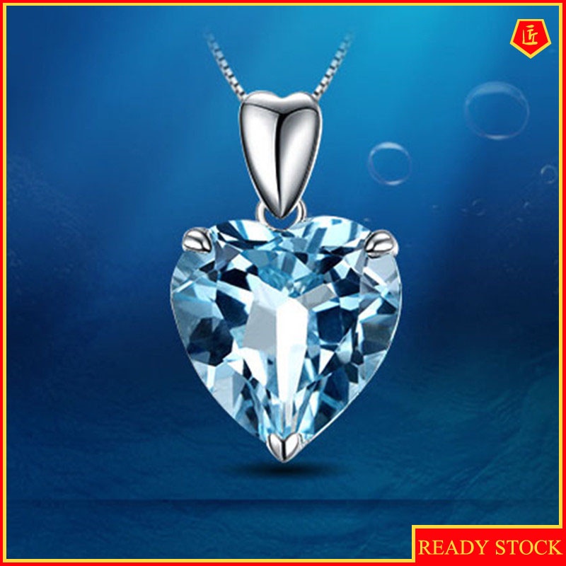 [Ready Stock]Fashion Inlaid Heart-Shaped Blue Crystal Pendant Necklace