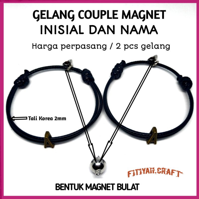 2 PCS / 1 PASANG GELANG COUPLE MAGNET INISIAL NAMA TALI KOREA 2 MM HITAM