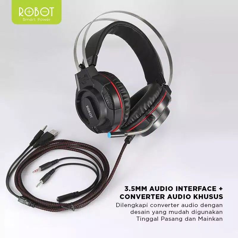 ROBOT RH-G20 Headphone Gaming Wired Headset Wired Earphone 7 LED Extra Bass - Garansi