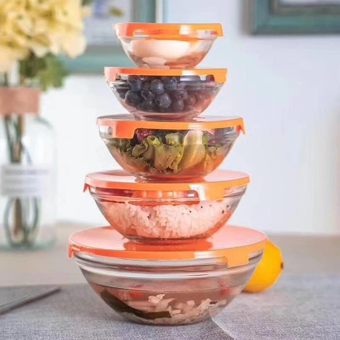 Bowl Glass 5IN1 / Mangkok Kaca Set 5pcs / Mangkok Kaca + Tutup 1 Set Isi 5
