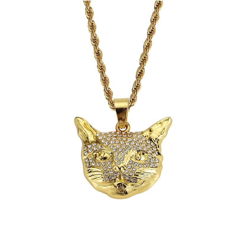 Kalung Rantai Liontin Kepala Kucing Bahan Zirkon Warna Emas Gaya Vintage Untuk Pria Dan Wanita