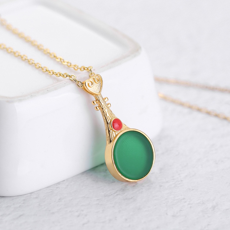 [Ready Stock]Fashion Mosaic Jade Gold Plated Pipa Pendant Necklace