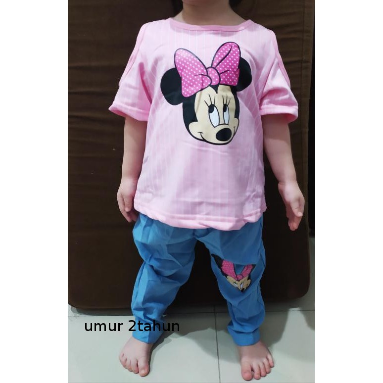 BAJU ANAK SETELAN  STRIPE MINNIE PINKY  1 2 3  4TAHUN