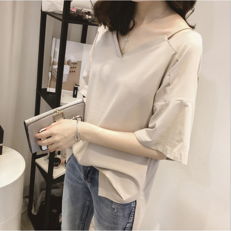 Kaos Wanita Berlengan Setengah Lengan T-shirt Casual Leher V Korean Style Kaos Fashion Longgar Adem