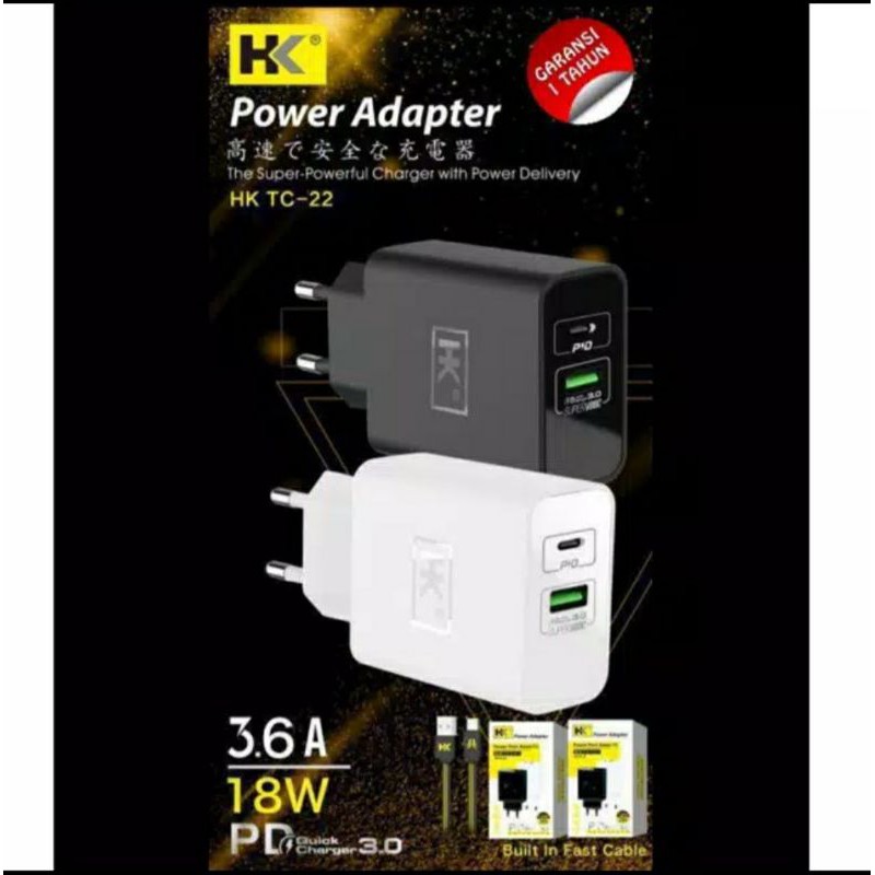 Charger HK D22 Micro Usb Auto ID Fast Charge 1 Usb + PD Casan HK-D22 Micro Usb