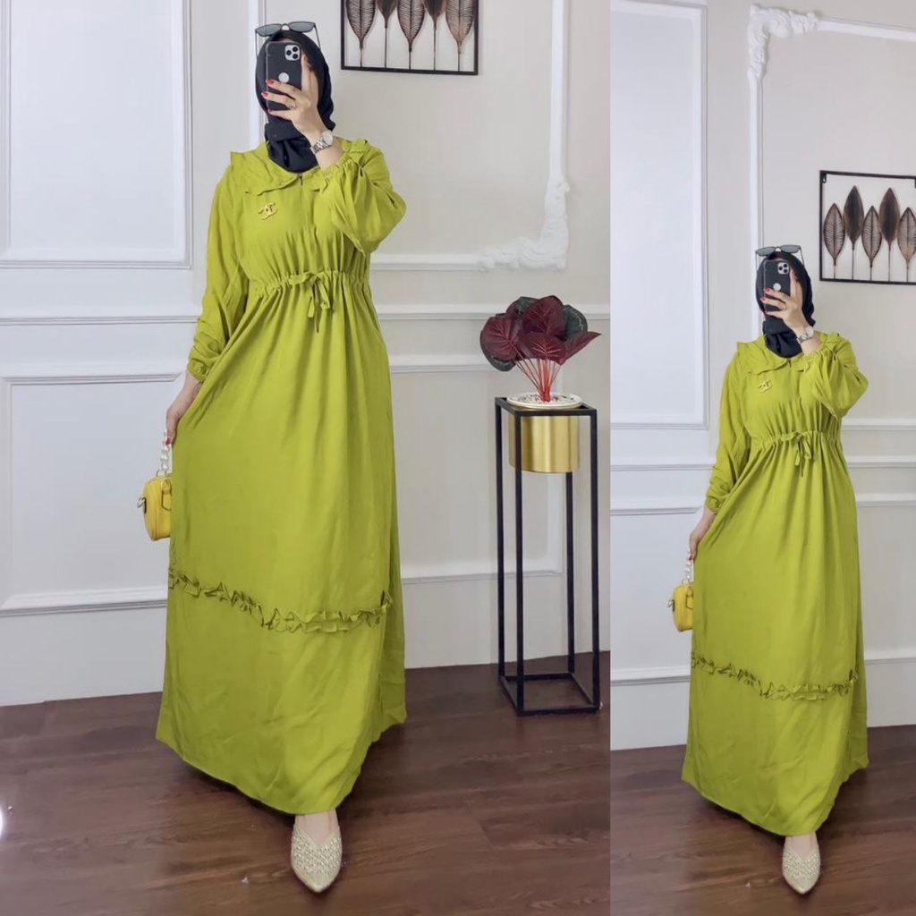 Midi Dress Rania Ruflle \ Resleting Depan Busui Frendly \ Baju Wanita Gamis Terbaru \ Rayon Super