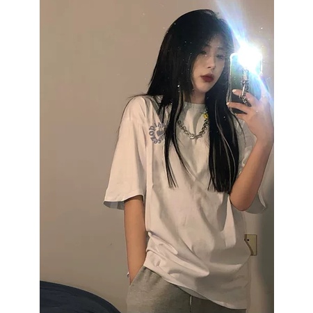 EUNII T-shirt Lengan Pendek Cinta Bahasa Inggris Pencetakan Longgar Korean Style/Kaos Atasan Wanita/Baju Kaus Oversize Wanita