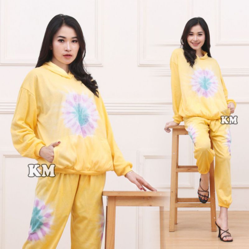 Setelan CP Sweater Hoodie Tiedye Set Celana Joger One Set Tiedye Fashion Baju Wanita Kekinian-Hodie mentari Kuning
