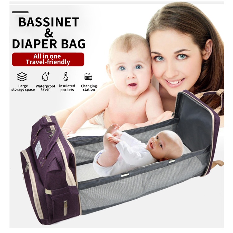 Tas Bayi Multifungsi Tempat tidur lipat Baby diapers bag Perawatan tas Perlengkapan Ransel Backpack CANVAS ANTI AIR