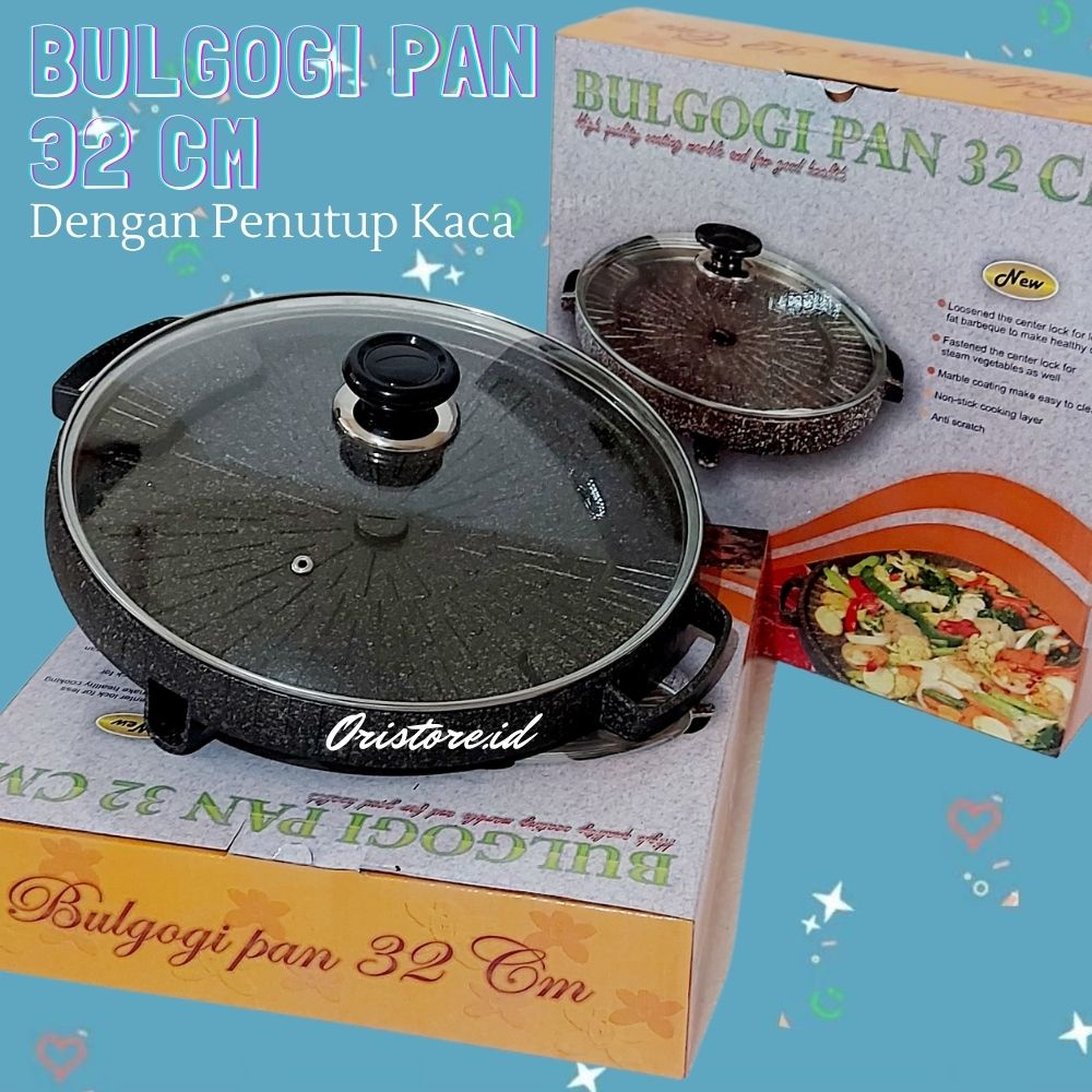 Bulgogi Pan 32cm Marble Grill BBQ Alat Panggangan + Tutup Kaca / Panggangan Serbaguna Anti Lengket Marble