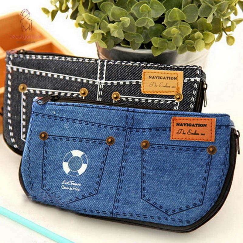 

Murah Tempat Pensil / Tas Kosmetik / Makeup Bahan Kanvas Denim Kapasitas Besar untuk Sekolah
