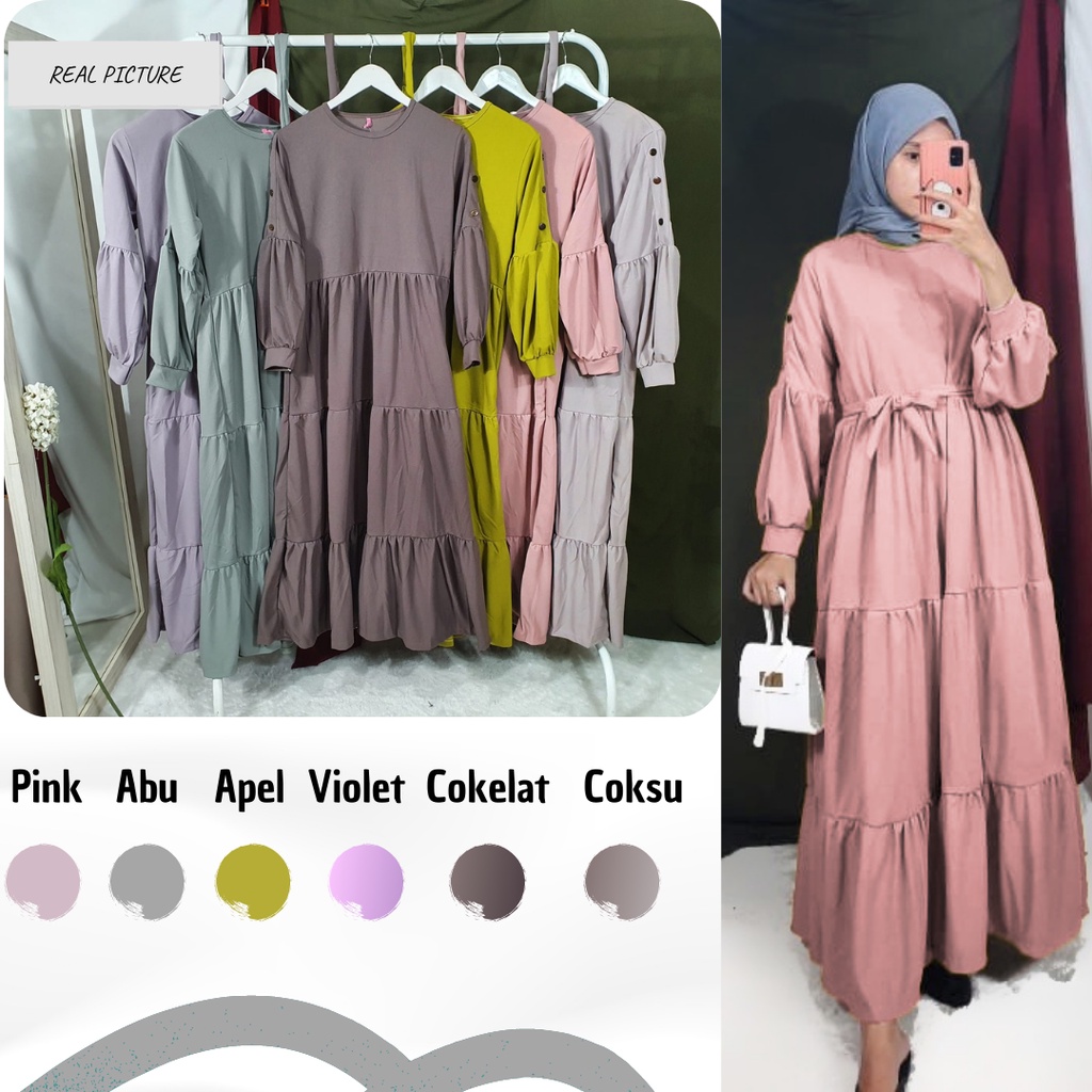 Gamis Wanita Lengan Panjang Fashion Muslim Devi Buttons Fit  L-XL Lingkar Dada 100cm Panjang 130cm