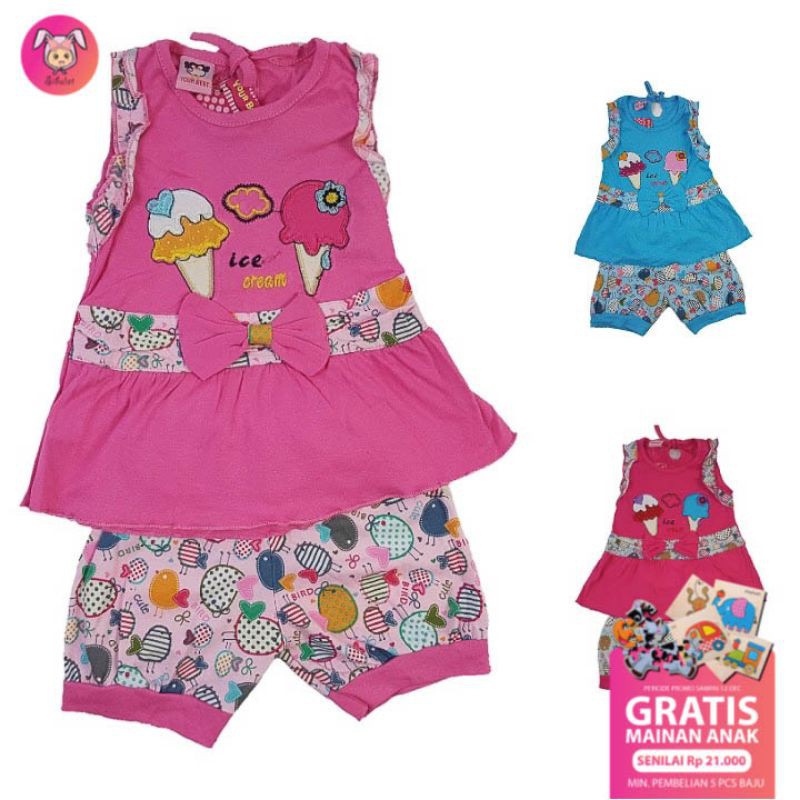 Setelan fashion baju anak perempuan 1-2 tahun motif ice cream warna  pink biru fanta