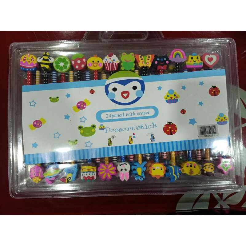 

pensil dan penghapus karakter lucu per pack isi 24pcs