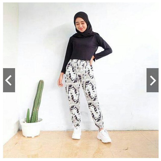 HOPYLOVY - Celana Panjang Wanita Motif Print Komik bahan Babyterry