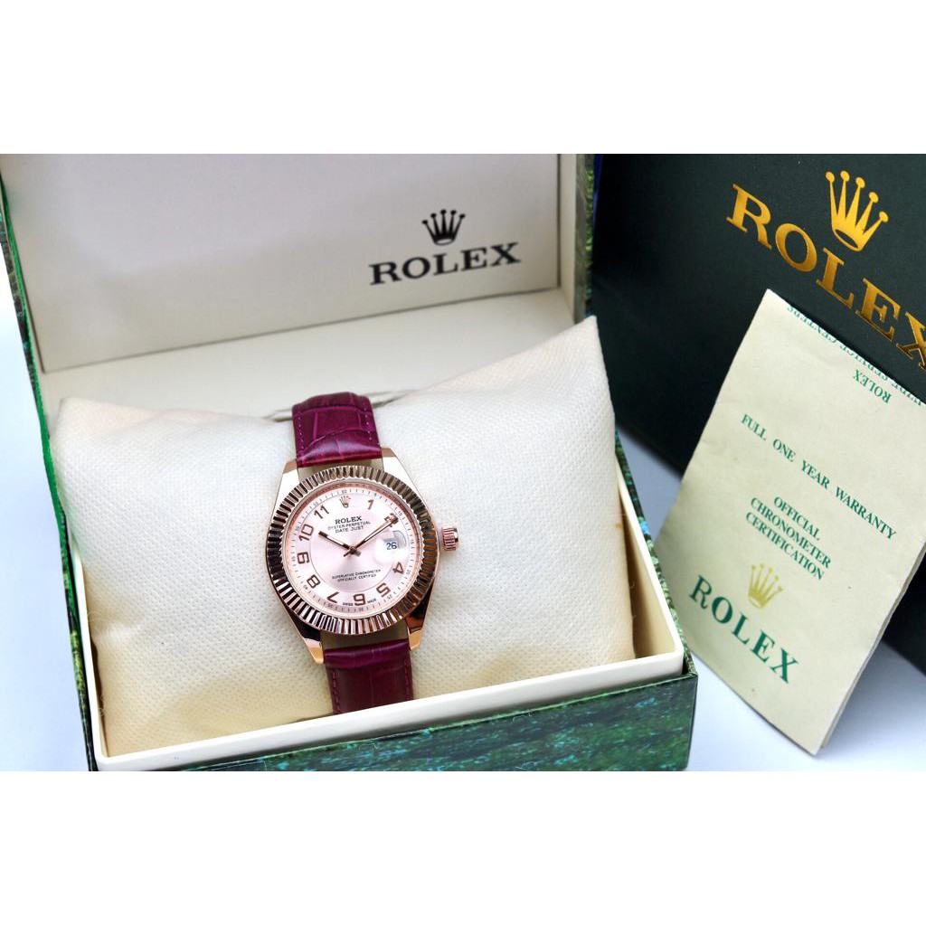 COD - JAM TANGAN FASHION WANITA ROLEX 1159 UI TANGGAL AKTIF TALI KULIT FREE KARTU GARANSI + BOX ORI