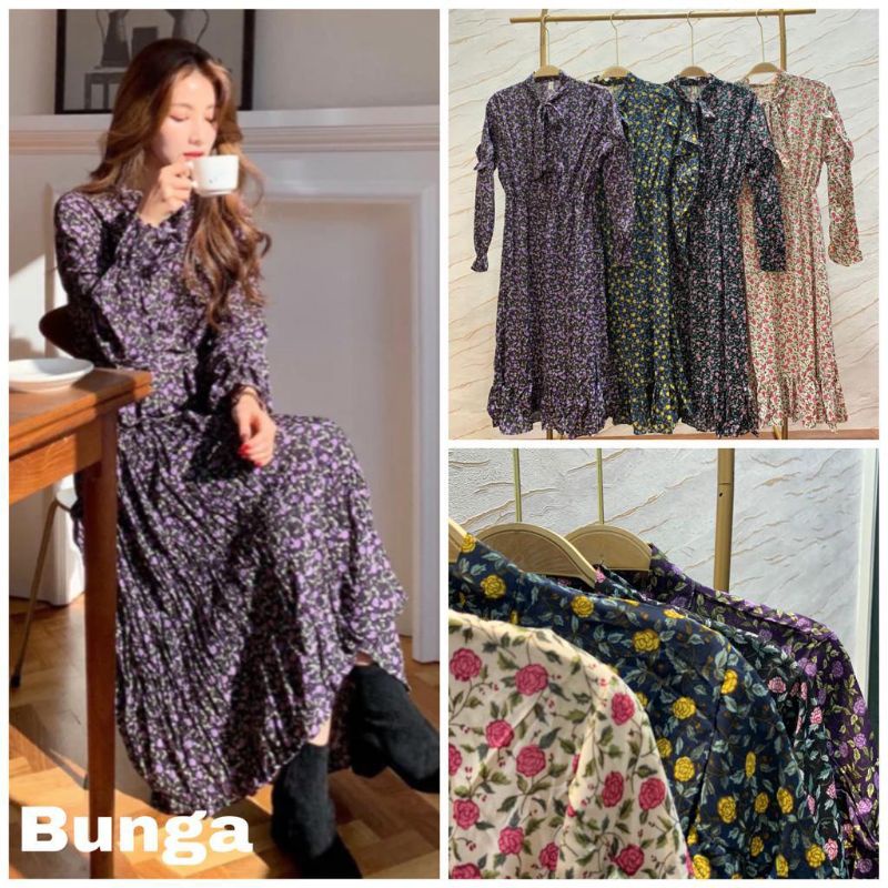 Midi Dress / Korean / premium / motif bunga
