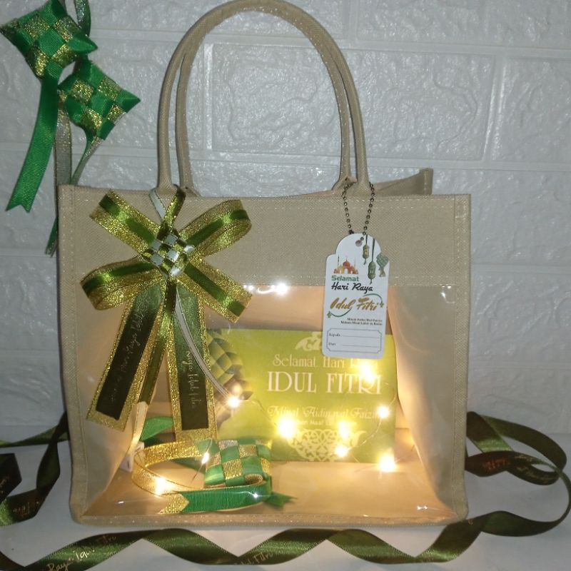 

Tas Hampers Kanvas Idul Fitri / Lebaran / Eid + lampu LED + Pita + Greeting card n Hangtag