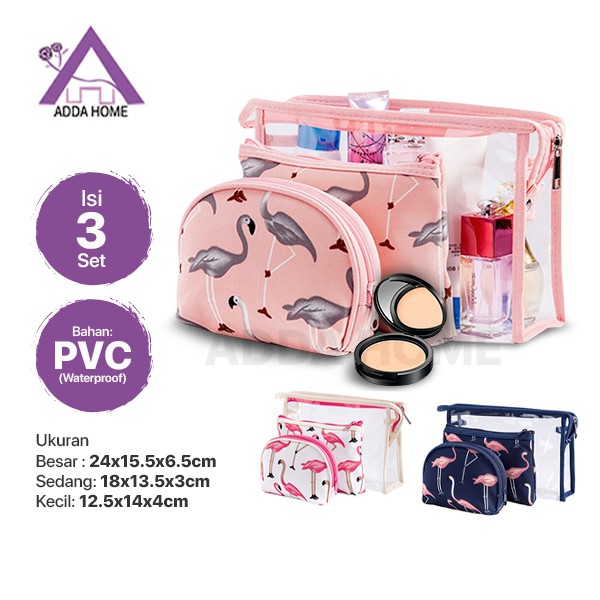 Adda Home - Set 3 - Tas Kosmetik Skincare Multifungsi Travel Organizer PVC Waterproof Motif Flamingo