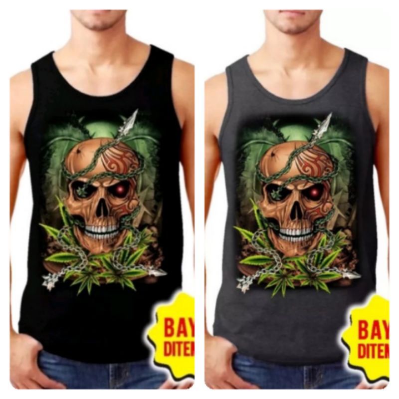 KAOS SINGLET DISTRO PRIA DEWASA MOTIF TENGKORAK HIJAU