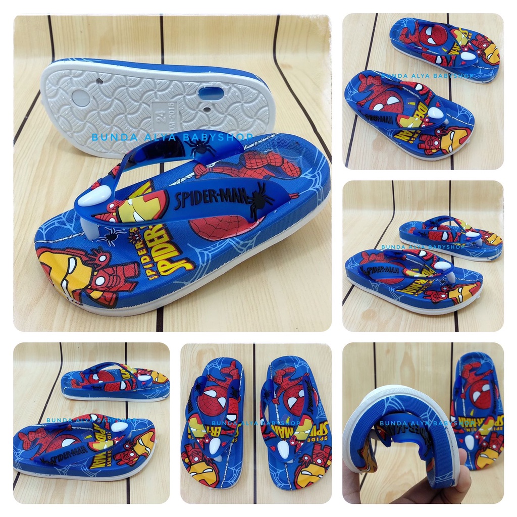 Sendal Anak Laki Jepit IMPORT Usia 5 6 7  Tahun  BIRU Motif Superhero - Sendal Jepit Anak Cowok Elastis Alas Karet Anti Licin