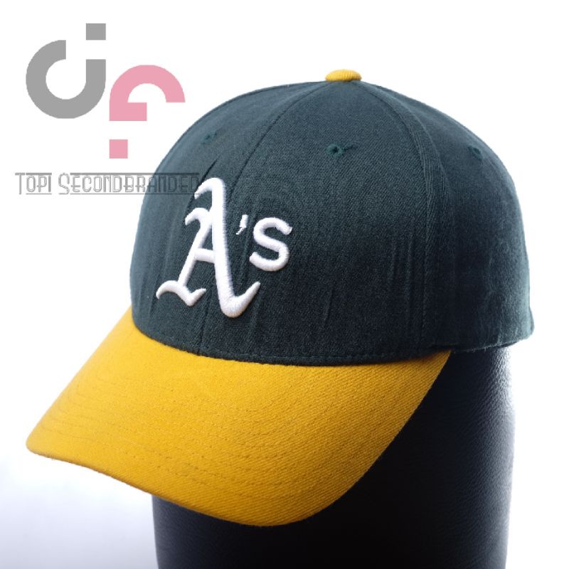 Topi Cap merk MLB logo A's Oakland Athletics warna hijau visor kuning , Prelove Bekas Second Origina