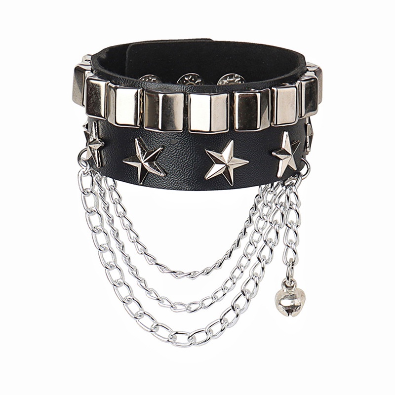 Gelang Rantai Rumbai Bahan Kulit PU Warna Hitam Gaya Punk Gothic Harajuku Vintage Untuk Pria Dan Wanita