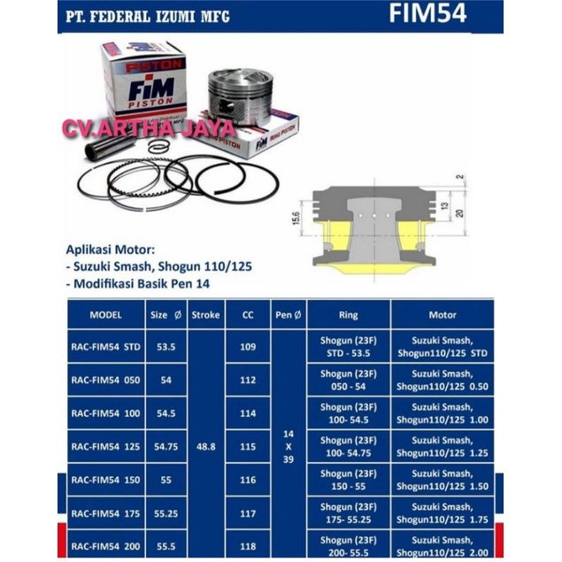PISTON KIT FIM FIM54 SUZUKI SMASH / SHOGUN / SHOGOUN NEW / SHOGUN KEBO / SHOGUN 125 / SMASH NEW 110 ( 53,5 / 54 / 54,5 / 55 / 55,5 ) ( STD / 050 / 100 / 150 / 200 ) ( PEN 14 / PIN 14 )-5