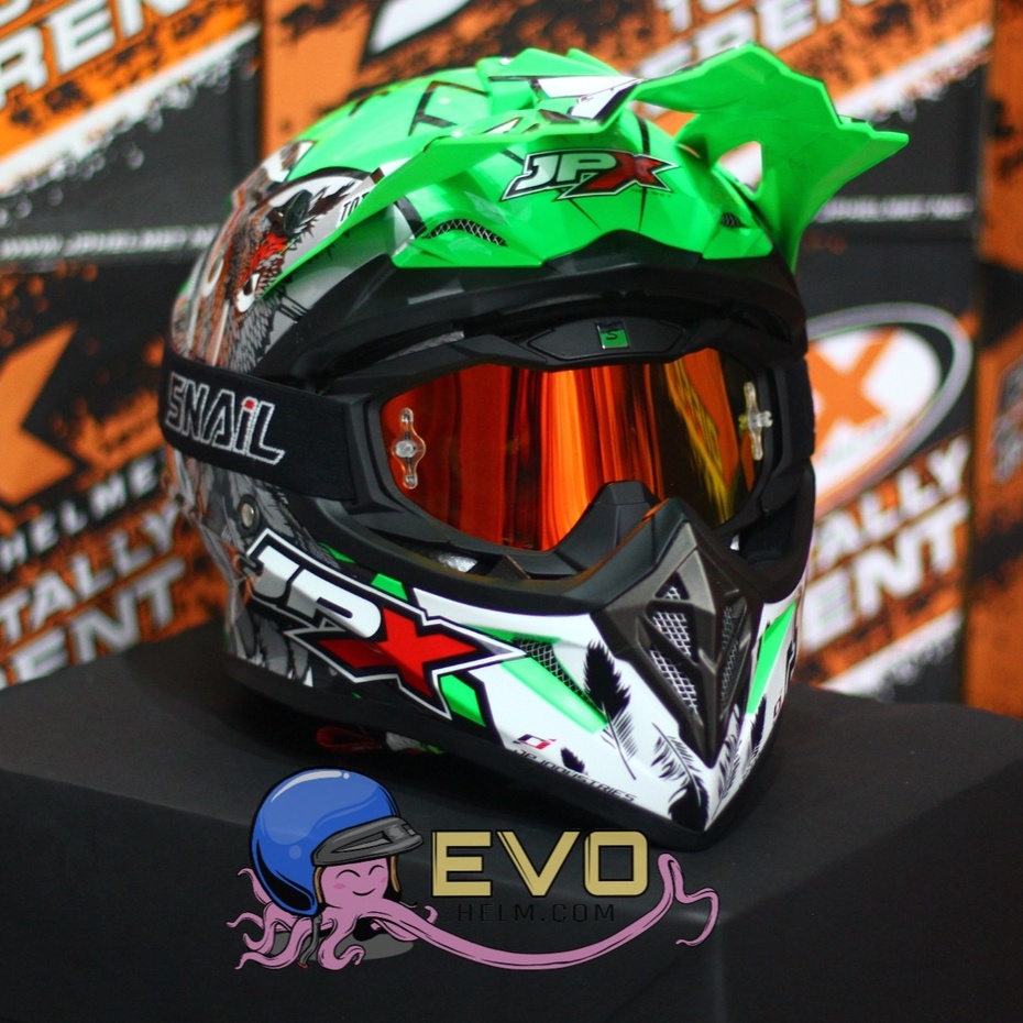 HELM JPX CROSS_FOX1 SERI X13 - FLUO GREEN GLOSS + GOOGLE SNAIL (ONGKIR 2 KG) JPX X13 OWL GREEN ORIGINAL HELM CROSS JPX MOTIF BURUNG HANTU JPX HIJAU