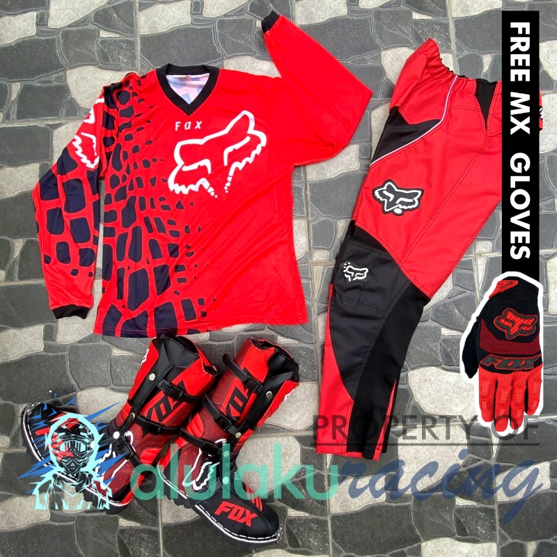 Jersey, Celana, Sarung Tangan &amp; Sepatu -Fullprint with Protectors Fullset MX Trail Motocross - Paket Bundling FOCTFG140303-F43