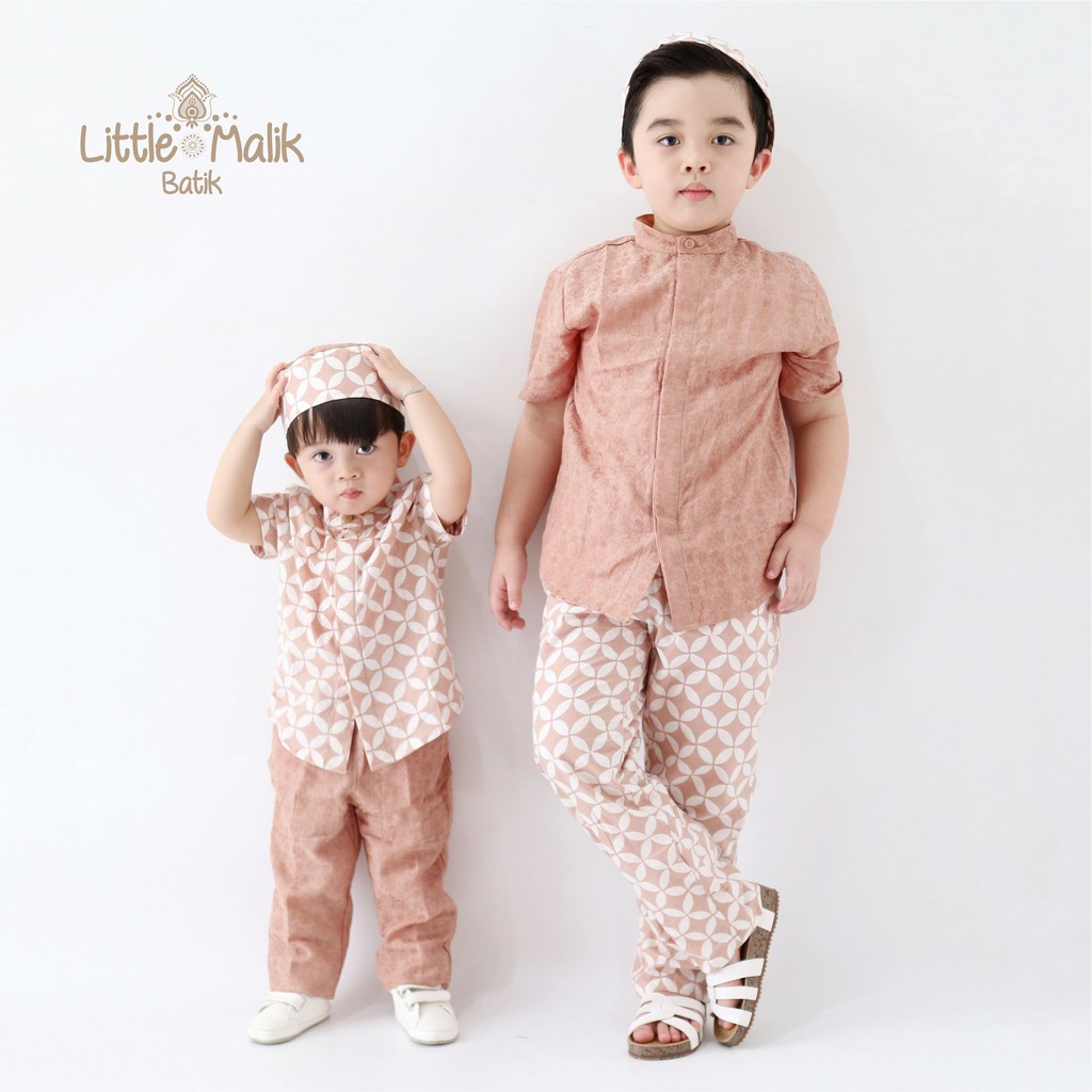 Setelan Kemeja Lengan Pendek Batik Koko Anak By Little Malik Batik, Garutan Dobby Coklat Cream