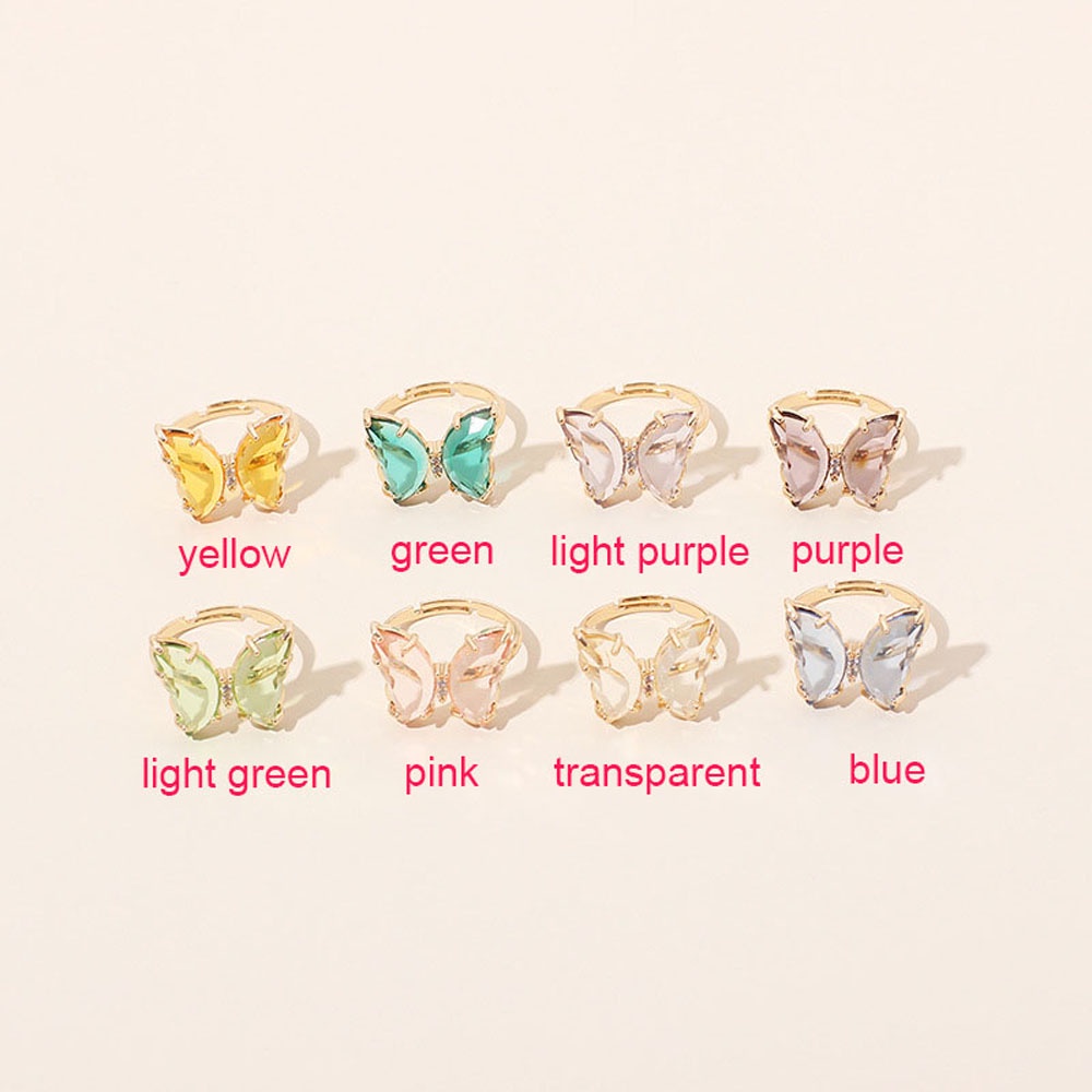 Needway  Shiny Butterfly Finger Ring Colorful Jewelry Open Ring Women Simple Style Transparent Candy Color Elegant Fashion Gift For Women/Multicolor