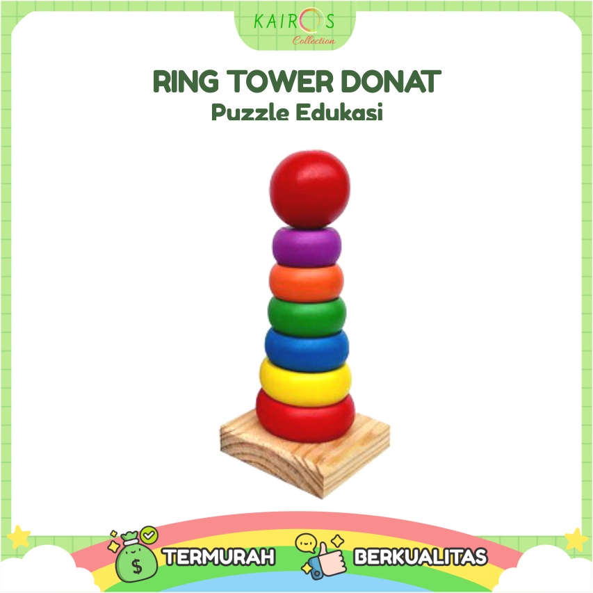 Mainan Anak Ring Donat Kayu Puzzle Kayu Rainbow Tower Menara Pelangi