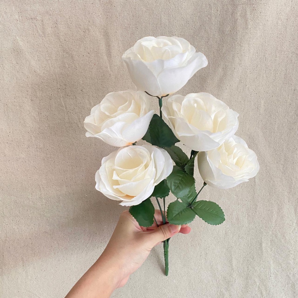 Bunga Mawar Rose Mangkok X5 (satuan)  Bunga Artificial / Bunga Plastik / Bunga Dekorasi / Pernikahan-putih krem