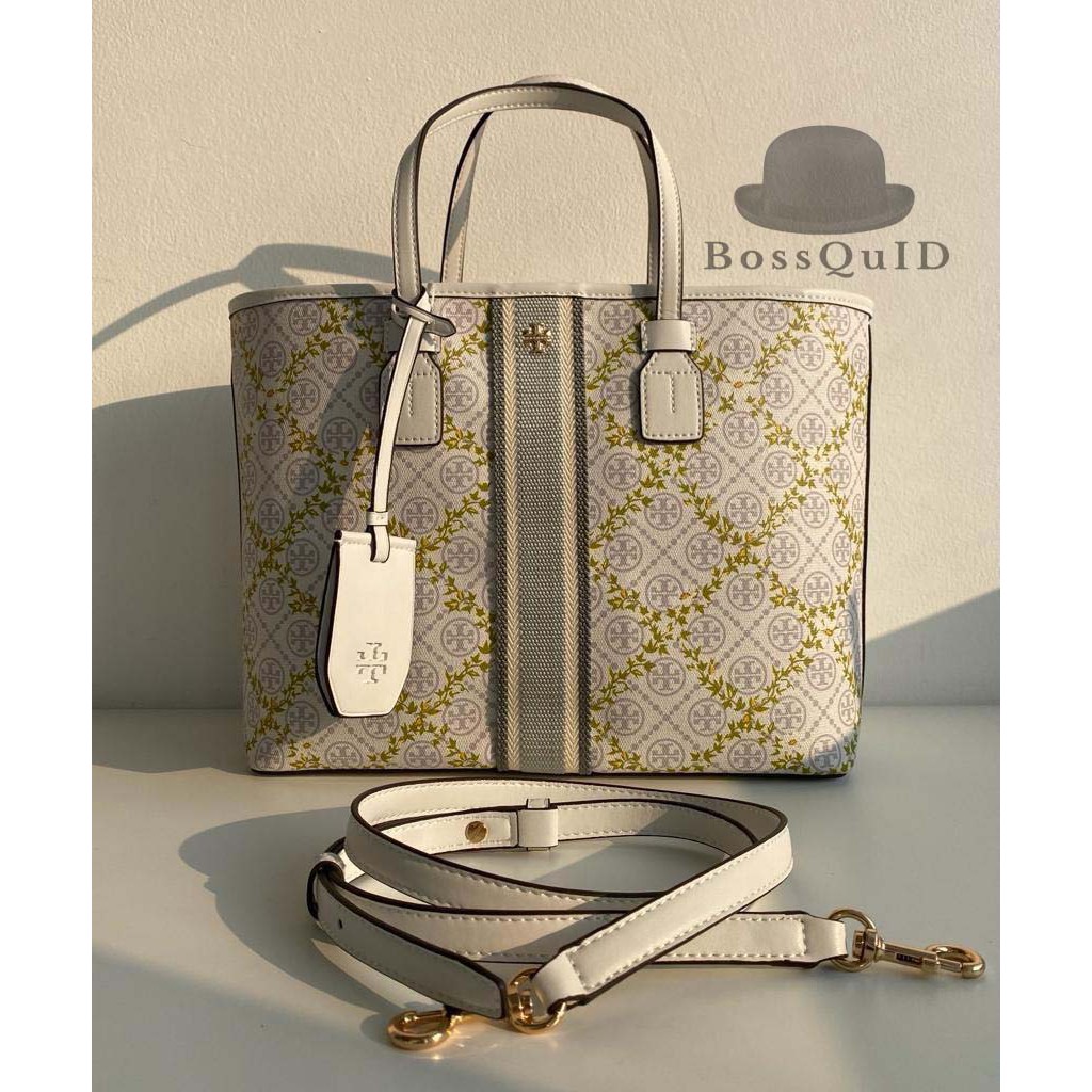 Tory Burch T Monogram Top Zip Floral Vine Tote Bag Ivory