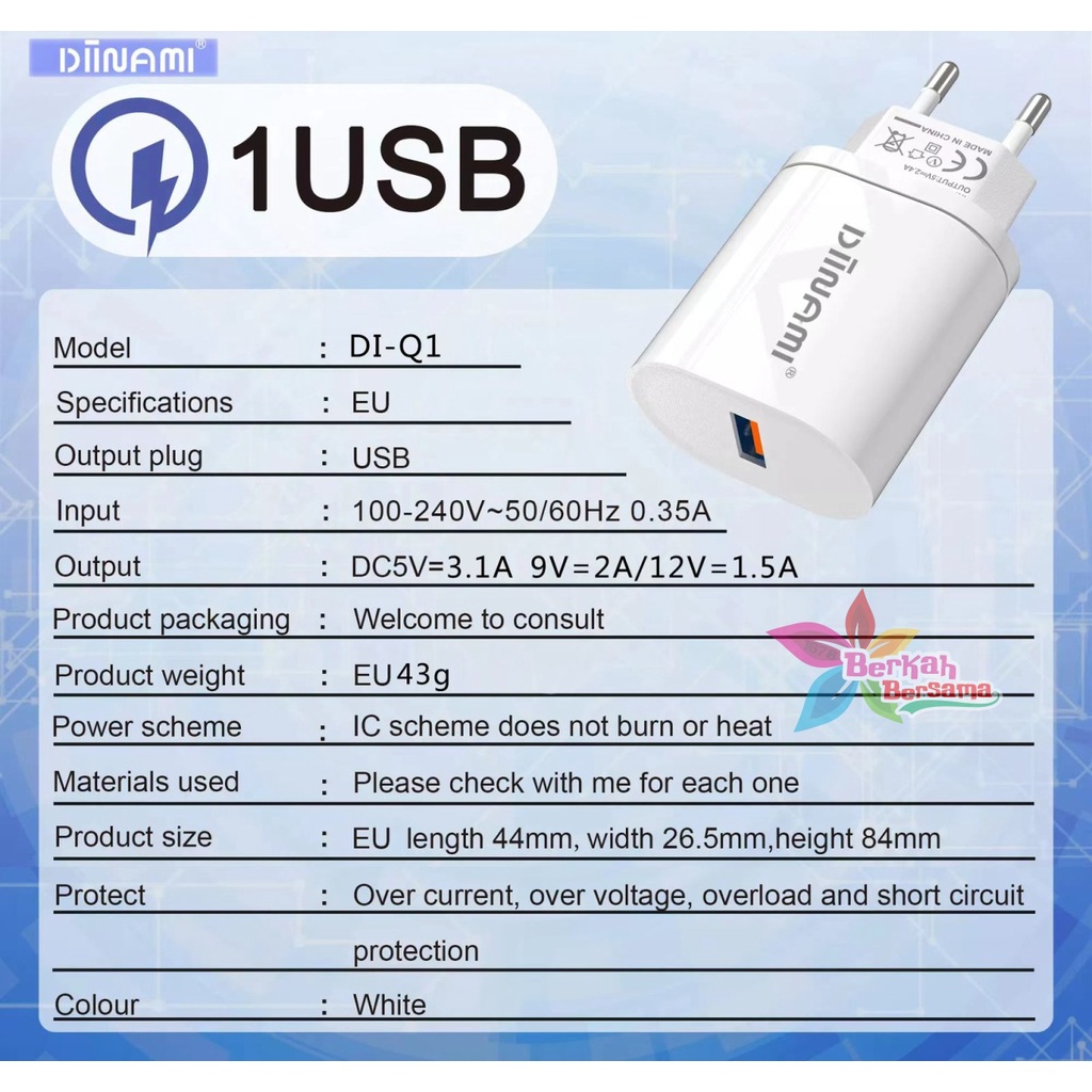 DIINAMI Adaptor Charger DM-Q1 Batok Charger Single Port Quick Charger 18W Qualcomm QC3.0 3A Output - Garansi Original Resmi 1 Tahun BB7029