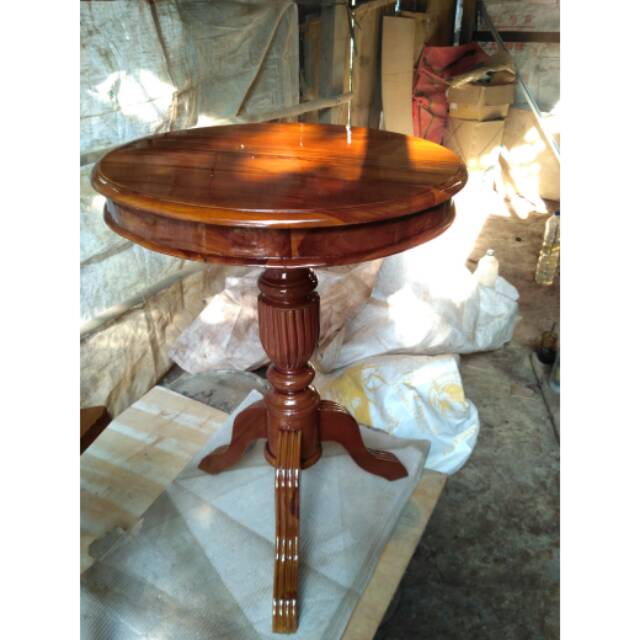Meja teras bundar ukuran kecil kayu jati natural furniture