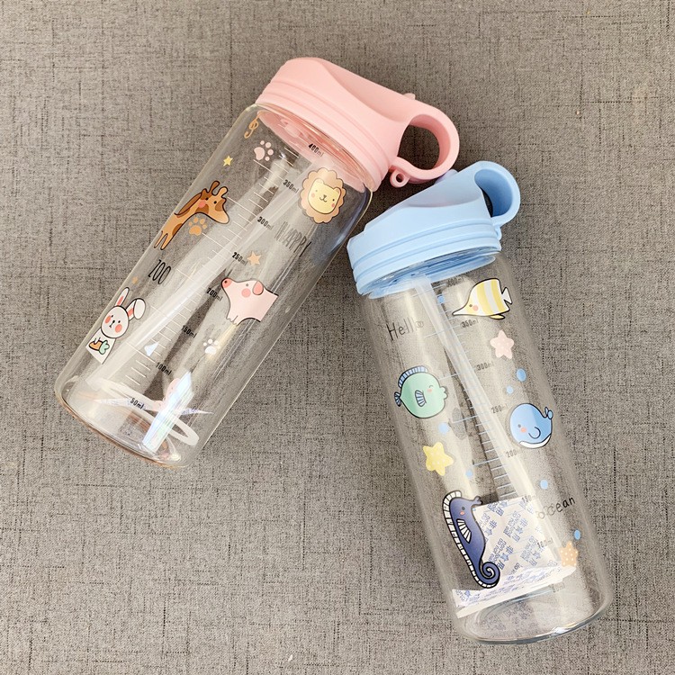BT 13 Botol Air Minum Anak Sekolah Pipet 500ml Sedotan Tutup dengan Takaran Susu kaca